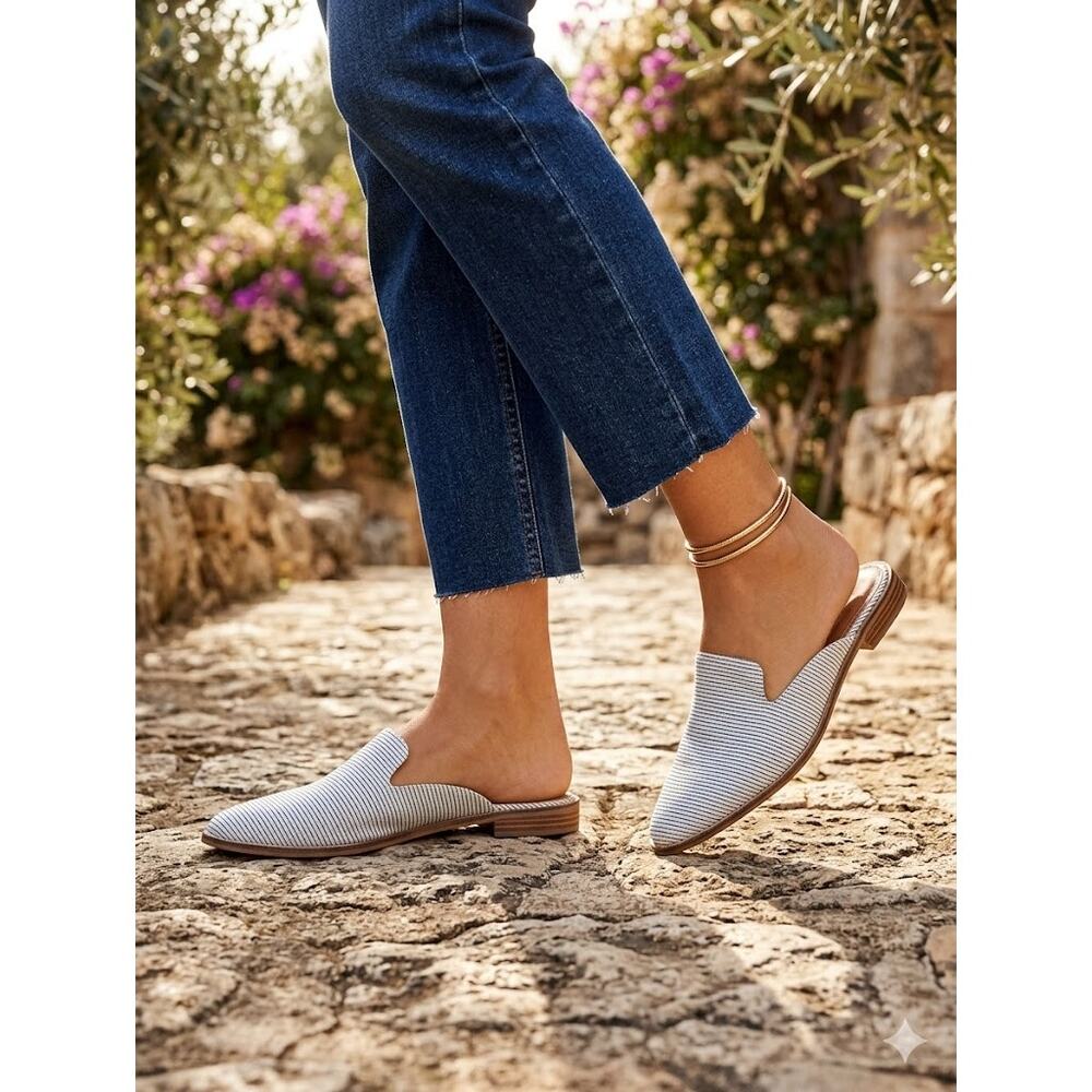 Indigo Rd Women’s Hayze Striped Slip‎ On Pointed-Toe Mules Size 7.5 White